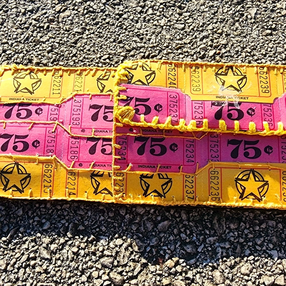 Unique one of a kind artisan pink and yellow raffle tickets bifold wallet